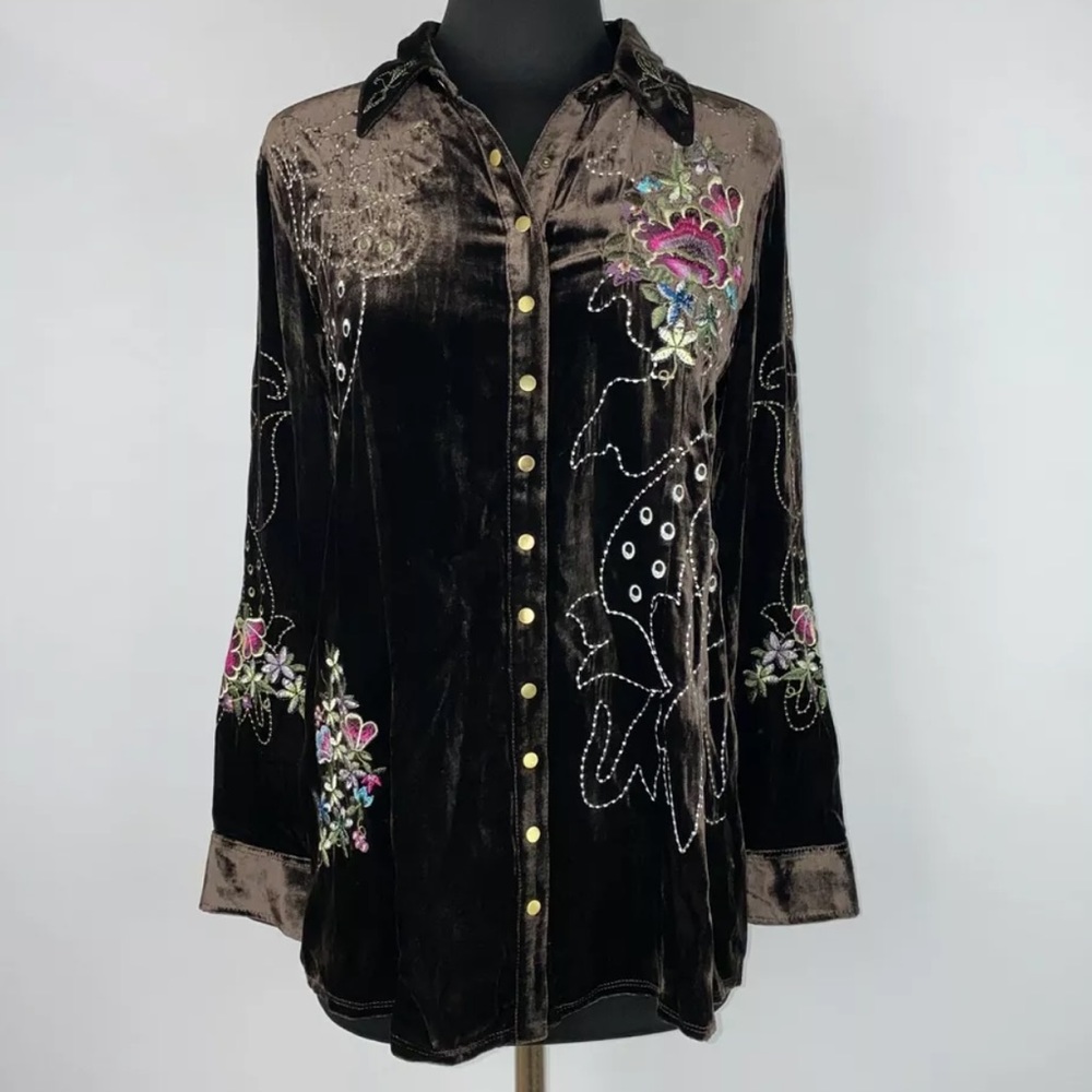 Soft Surroundings “Label Noir” Velvet Button-Down Embroidered Shirt - Picture 4 of 5
